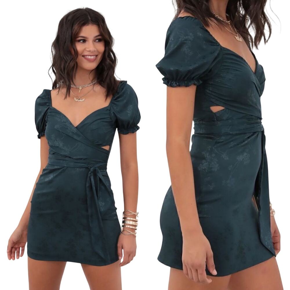 Lucy in the Sky Miley Mini Dress Puff Sleeve Satin Tie Waist Cut out Sweetheart